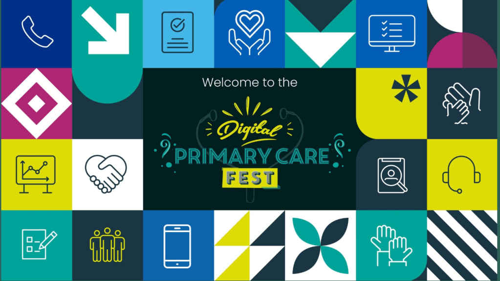 Poster with squares, containing infographics associated with digital  and heading Digital primary care fest