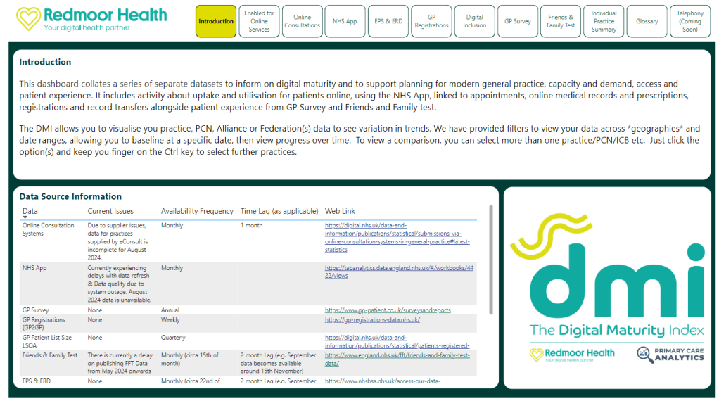 home page for Digital maturity index dashboard containing various data sets to assess progress for online services.  contains logo for DMI. datasources