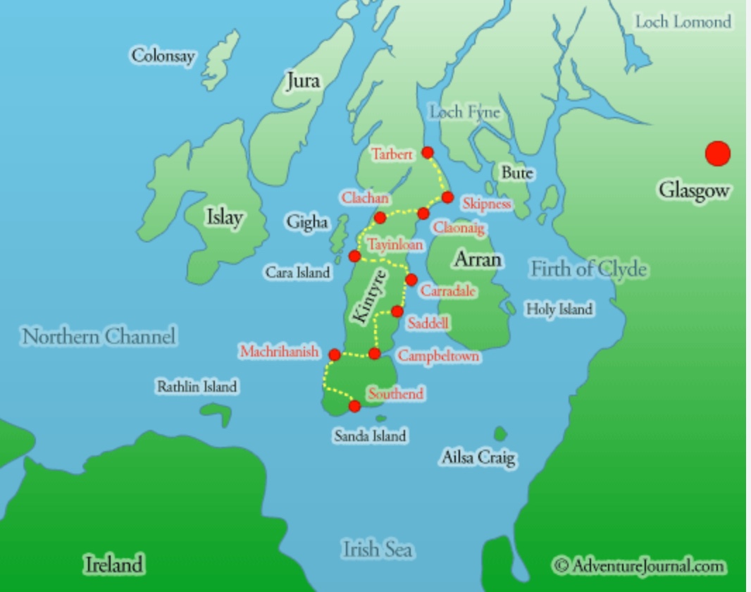 map of Kintyre in relation to Islay, Arran and Western Scotland Mainland